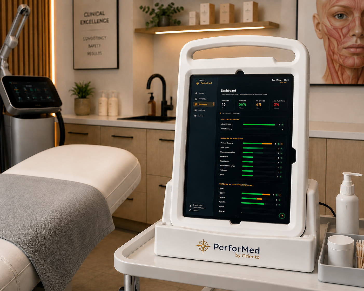 PerforMed Treatment Room Terminal — iPad in a medical-grade enclosure on its cradle in an aesthetic treatment room